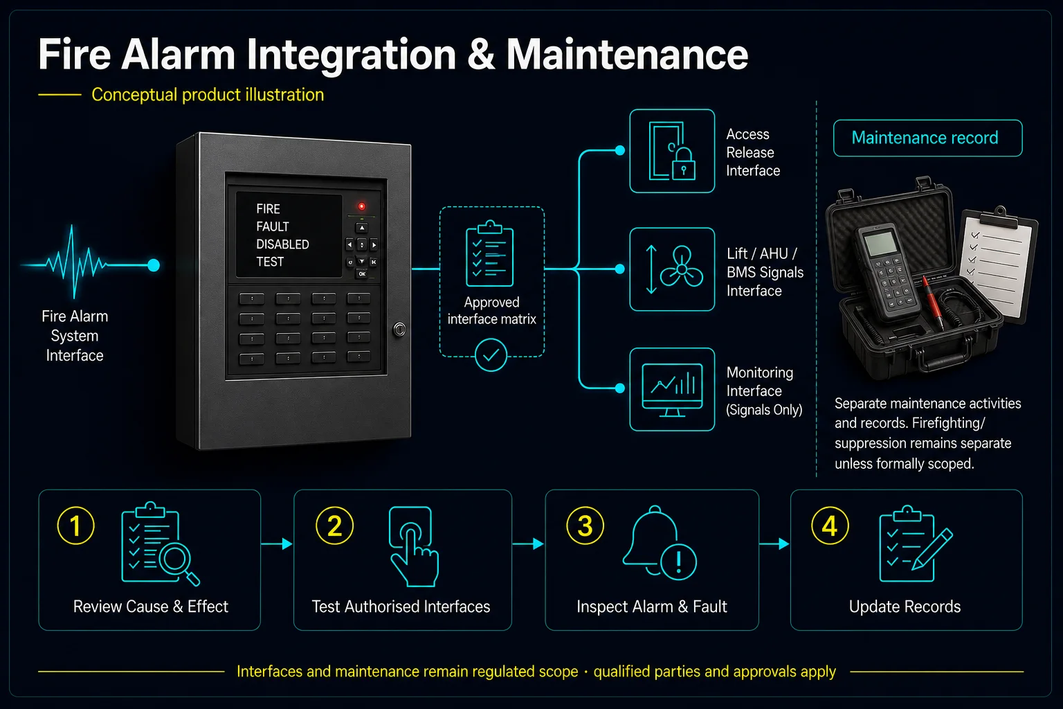 Conceptual Fire Alarm Integration and Maintenance canvas showing an approved interface matrix, access-release and lift, AHU, BMS and monitoring signal boundaries, plus separate regulated maintenance records.