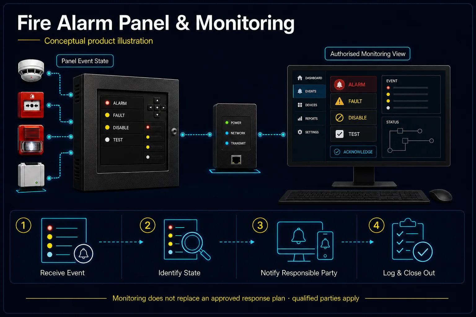 Conceptual Fire Alarm Panel and Monitoring canvas showing generic alarm, fault, disable and test states passing through an interface to an authorised non-numeric monitoring view and response record.