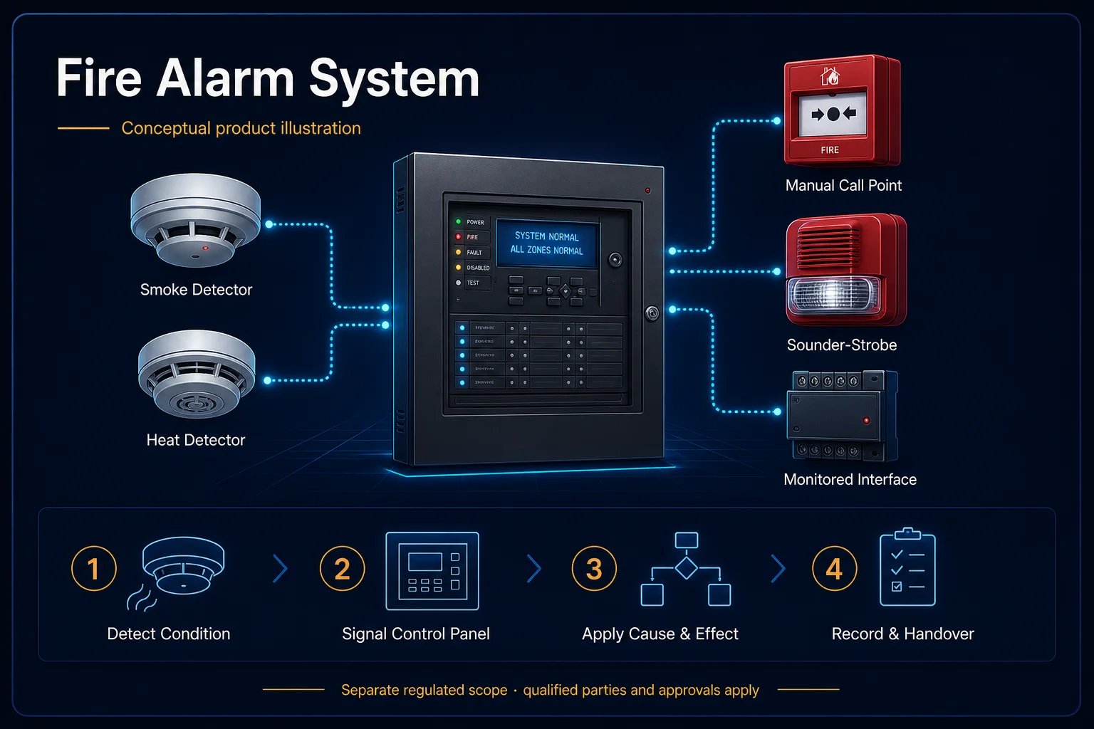 Conceptual Fire Alarm Project in Sarawak system context. Fire Alarm Project in Sarawak is shown as a conceptual engineering capability, not a completed project or client evidence.