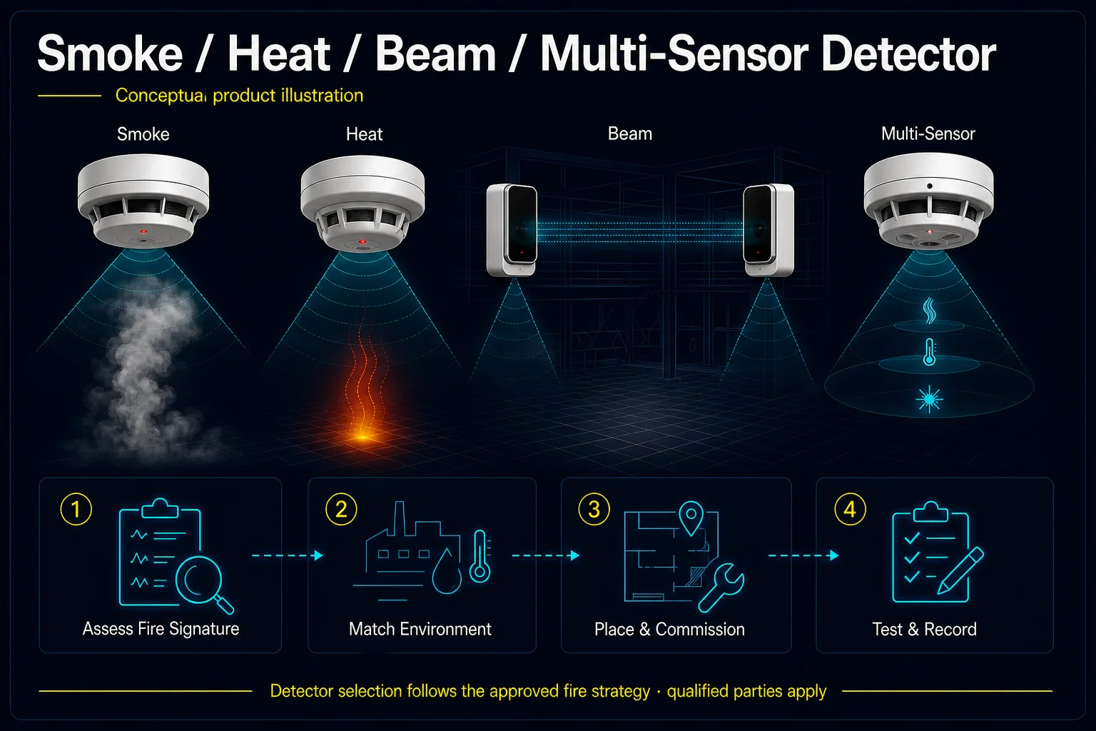 Conceptual Smoke, Heat, Beam and Multi-Sensor Detector canvas comparing generic sensing approaches against fire signature, environment, placement, commissioning and recorded testing.