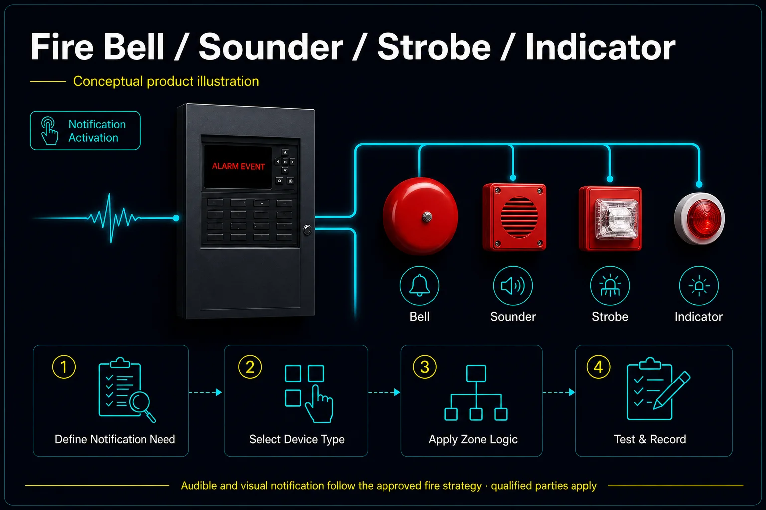 Fire Bell, Sounder, Strobe and Indicator system diagram