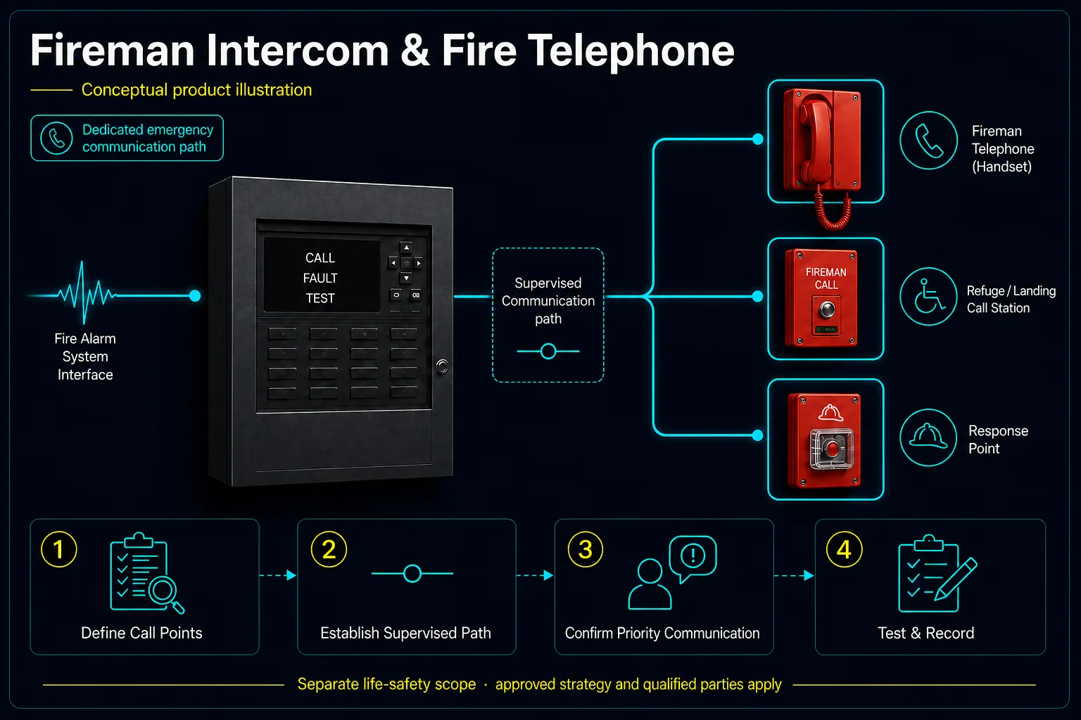 Conceptual Fireman Intercom and Fire Telephone canvas showing a neutral master panel, supervised communication path, dedicated handset, refuge or landing call station and response point.