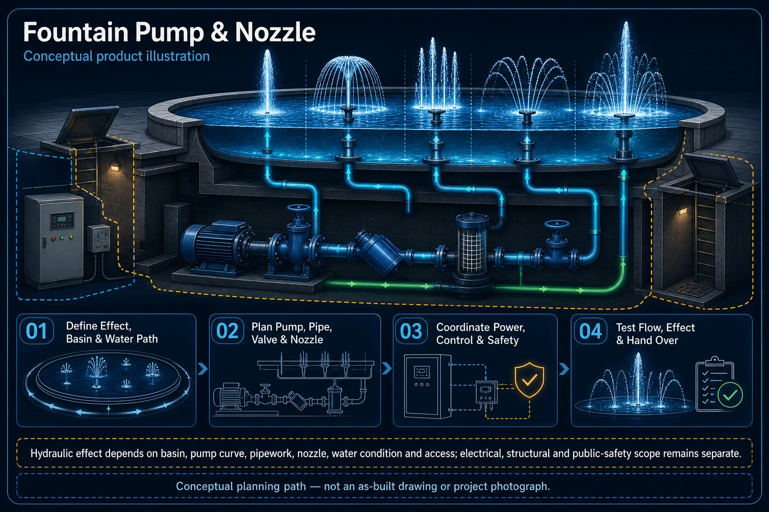 Conceptual Fountain Maintenance in Kuching system context. Fountain Maintenance in Kuching combines the installed-system path with the stated service mode; diagnosis and corrective scope remain subject to inspection and approval.