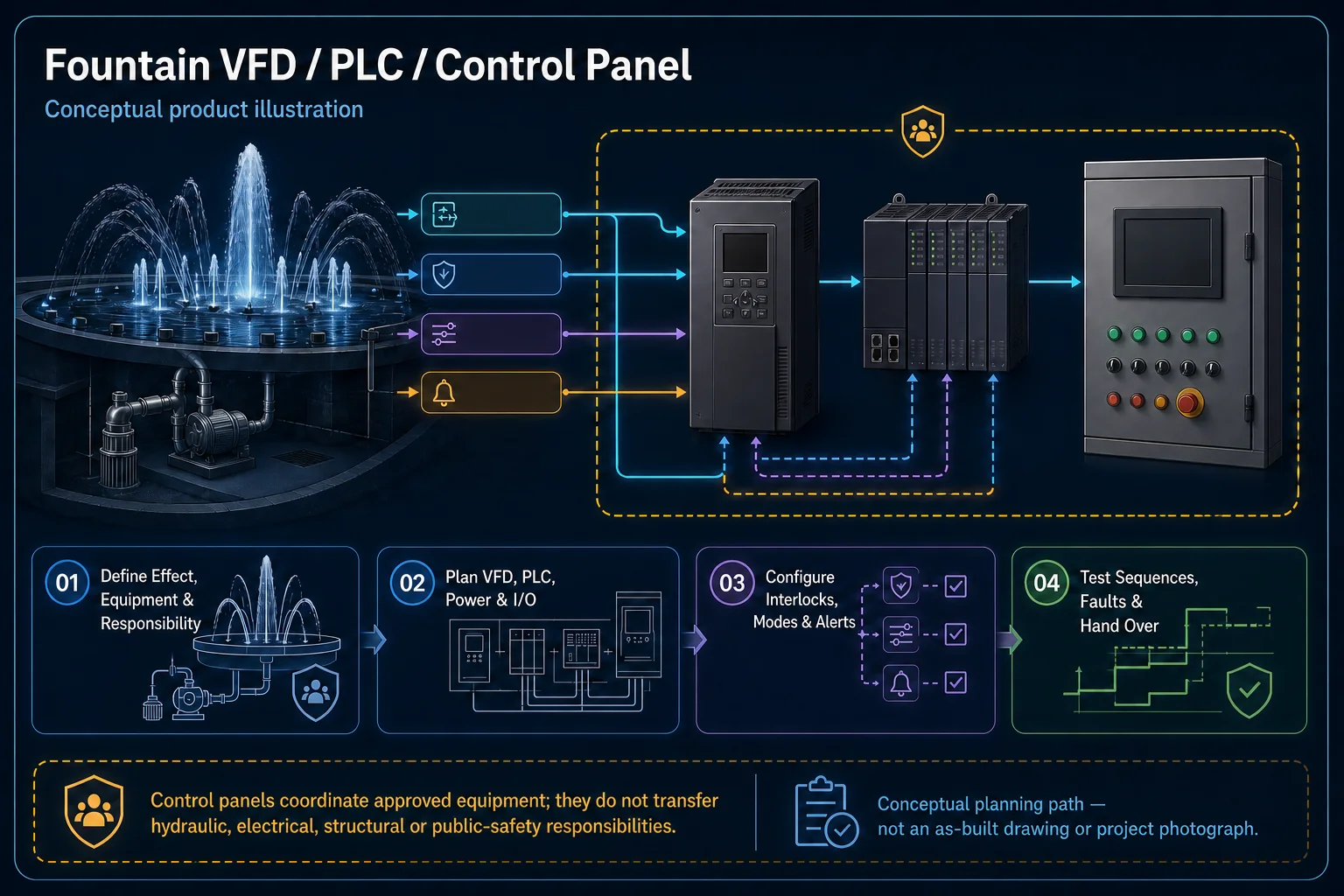 Conceptual Show Control / Music Synchronization Service in Kuching system context. Show Control / Music Synchronization Service in Kuching combines the installed-system path with the stated service mode; diagnosis and corrective scope remain subject to inspection and approval.