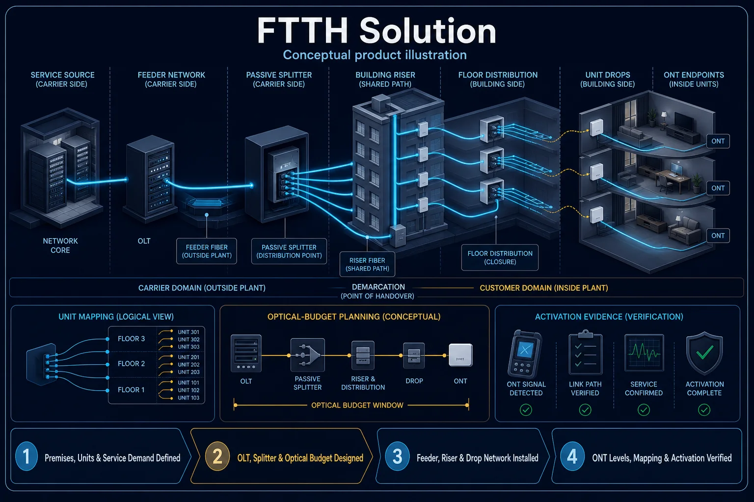 Conceptual FTTH Project in Sarawak system context. FTTH Project in Sarawak is shown as a conceptual engineering capability, not a completed project or client evidence.