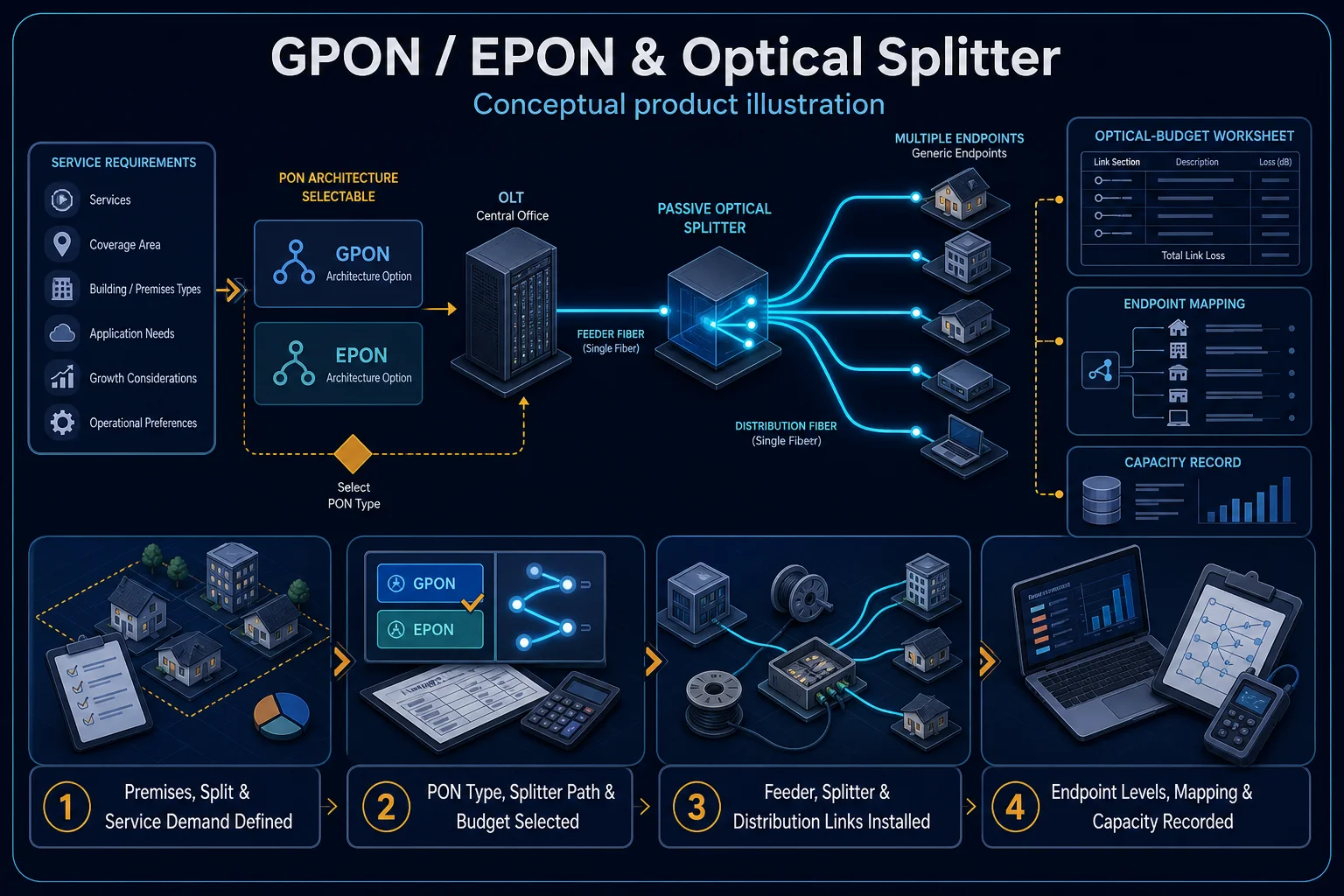 Conceptual GPON, EPON and Optical Splitter canvas comparing selectable PON architectures through requirements, OLT path, passive splitter, feeder and distribution, generic endpoints, budget, mapping and capacity records.