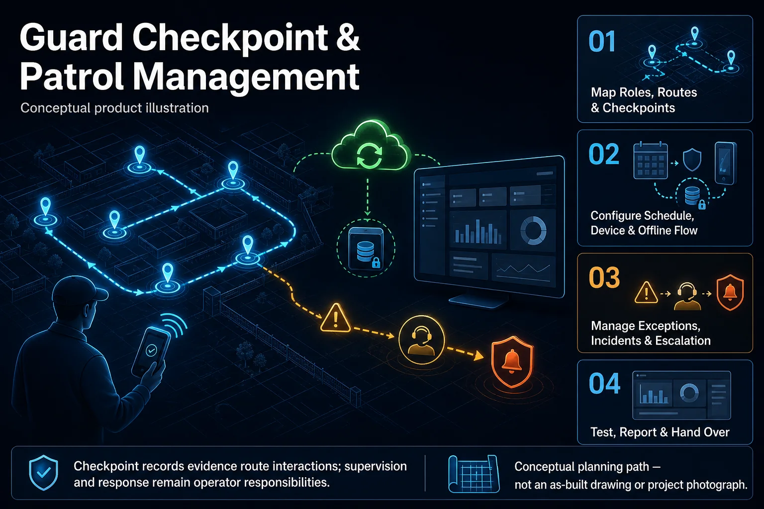 Conceptual Guard Checkpoint and Patrol Management canvas showing abstract checkpoints and routes, patrol roles, a generic reader, schedule, offline storage, synchronisation, exceptions, escalation and blank reporting views.