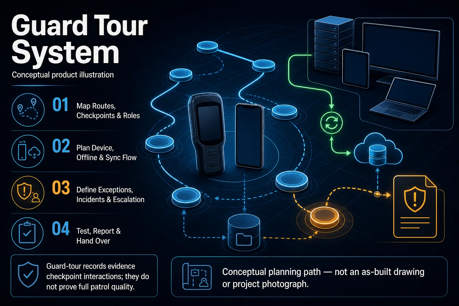 Guard tour patrol checkpoints and monitoring workflow diagram