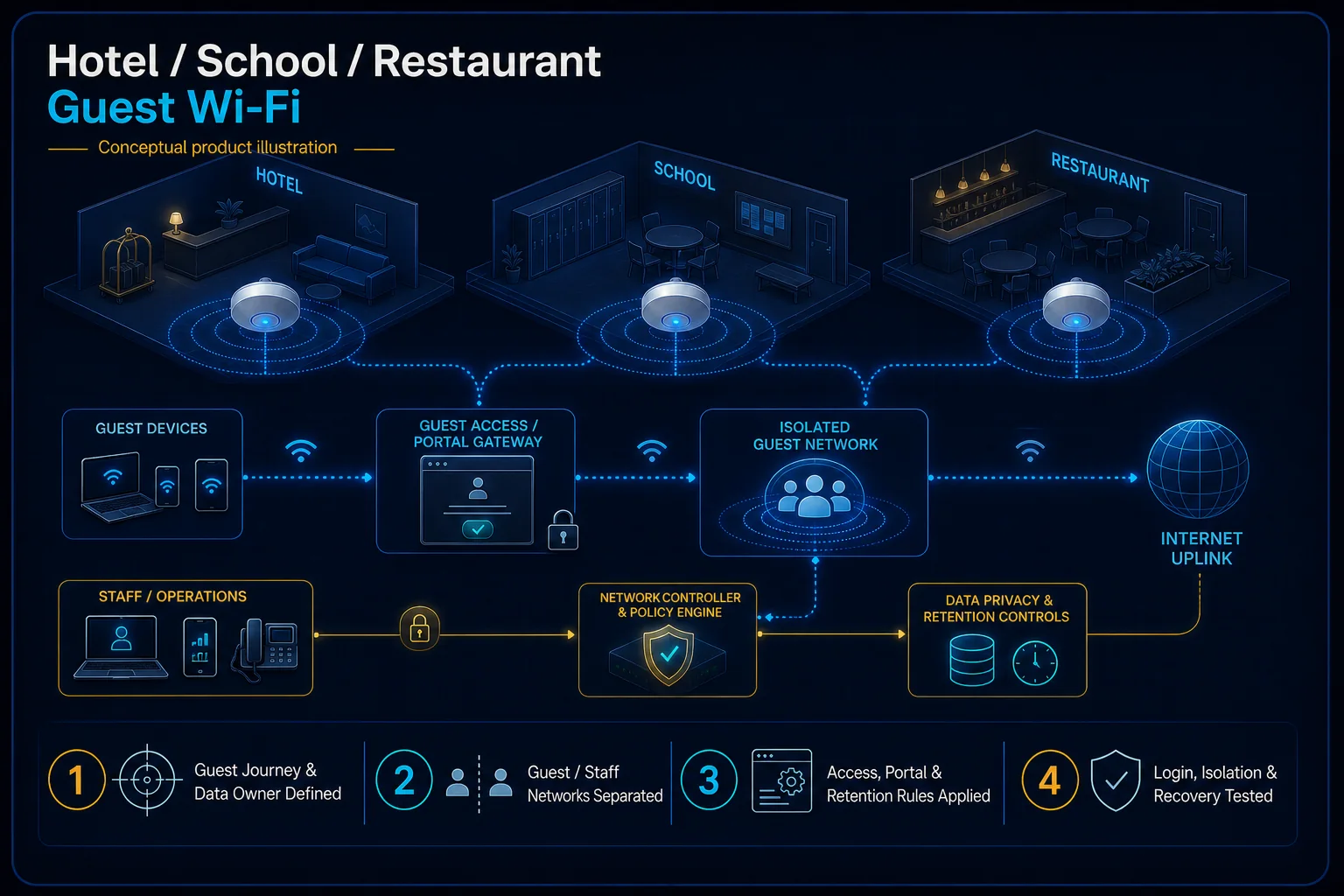 Conceptual Hotel, School and Restaurant Guest Wi-Fi canvas showing the guest journey, customer data-owner boundary, separate guest and staff networks, access and retention rules, isolation and recovery tests.