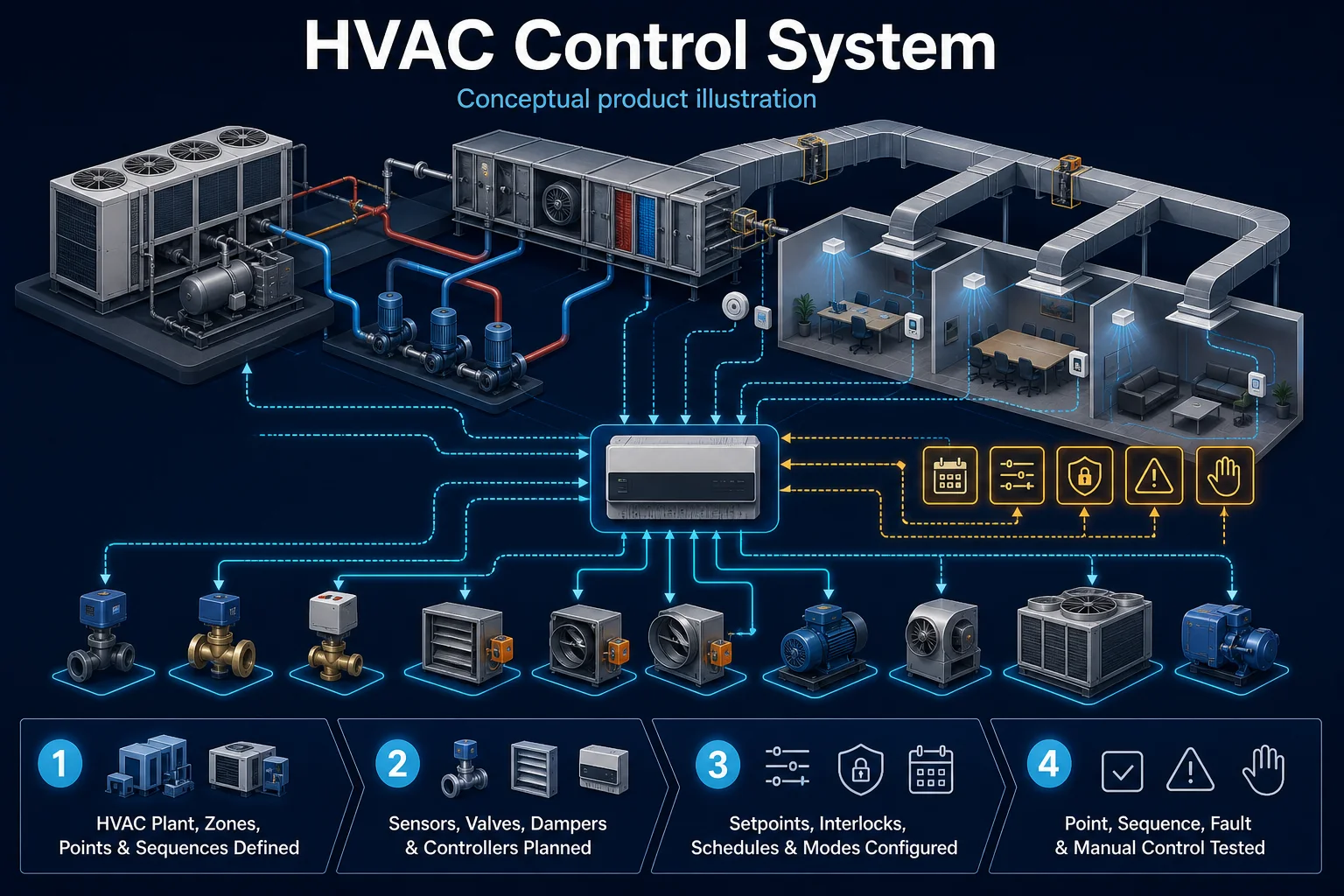 Conceptual HVAC Control System canvas showing generic plant, zones, sensors, blank controllers, valves, dampers and pumps with sequence, interlock, fault, manual-control and specialist-responsibility paths.