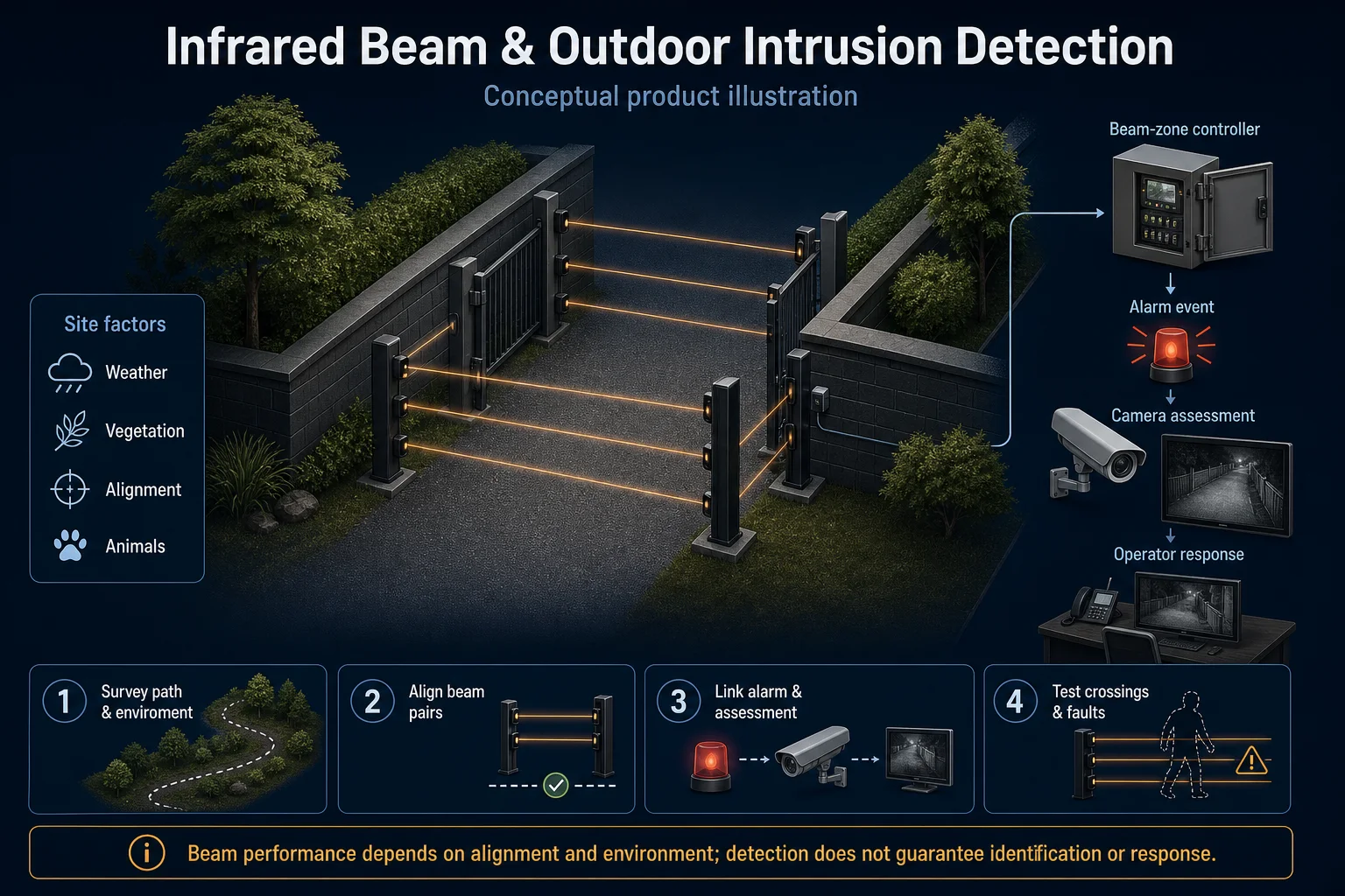 Conceptual Infrared Beam and Outdoor Intrusion Detection canvas showing a generic transmitter and receiver path, mounting, controller, alarm, camera assessment, operator response and site factors.