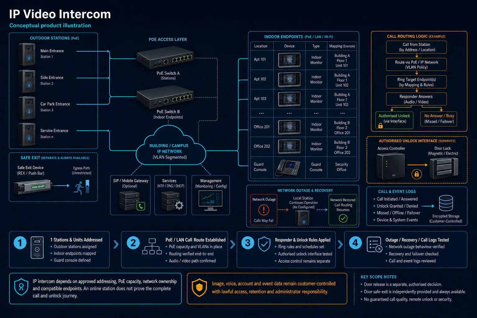 Conceptual IP Video Intercom canvas showing PoE stations, segmented LAN, endpoint and unit mapping, call routing, separate authorised unlock, outage recovery and event logs.