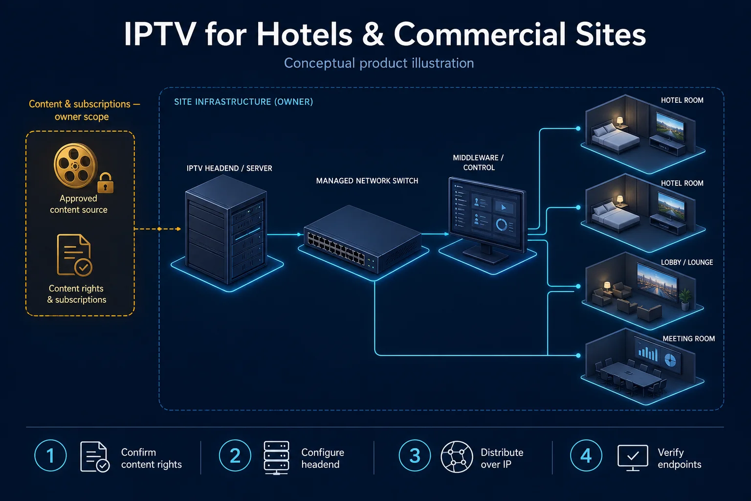 Conceptual IPTV canvas showing the owner content-rights boundary, generic headend, managed network, middleware and hotel-room or commercial display endpoints.