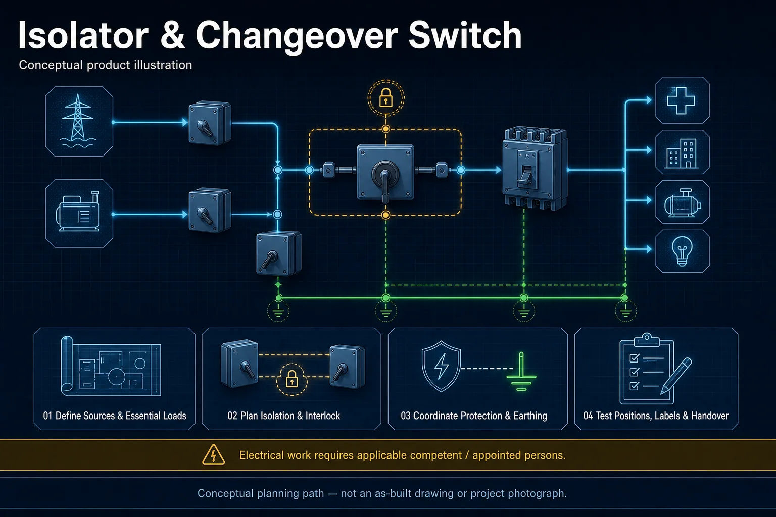 Conceptual Isolator and Changeover Switch canvas showing two abstract sources, interlocked changeover, separate isolation, protection, essential loads, earthing, testing and competent-person responsibility.