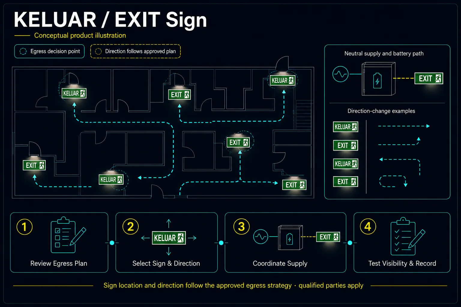Conceptual KELUAR and EXIT Sign canvas showing anonymous egress decision points, direction-change examples and a neutral supply and battery path governed by an approved egress plan.