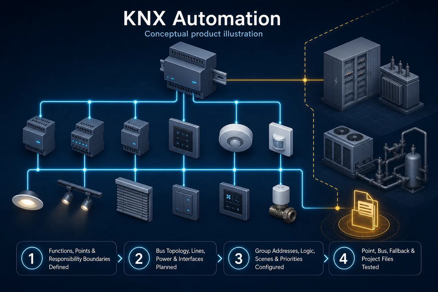 Conceptual KNX Automation canvas showing a generic distributed bus with blank controllers, actuators, panels, sensors and lighting, blind and climate interfaces, plus separate plant responsibility and project-file handover.