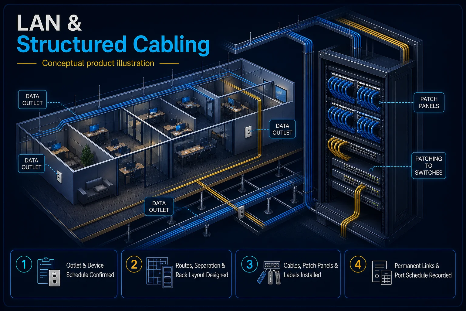 Conceptual LAN and Structured Cabling canvas showing an outlet schedule, cable routes, rack and patch-panel layout, labelled terminations and permanent-link records.