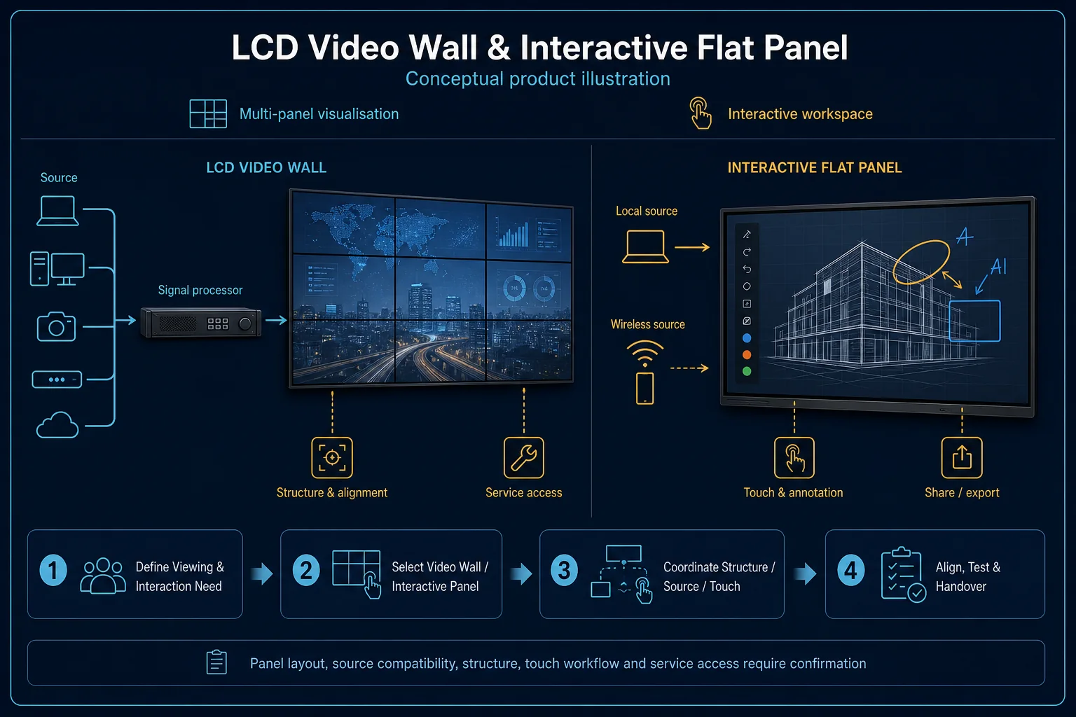 Conceptual LCD Video Wall and Interactive Flat Panel canvas separating a generic multi-panel source and processor path from a local or wireless touch-display workflow.