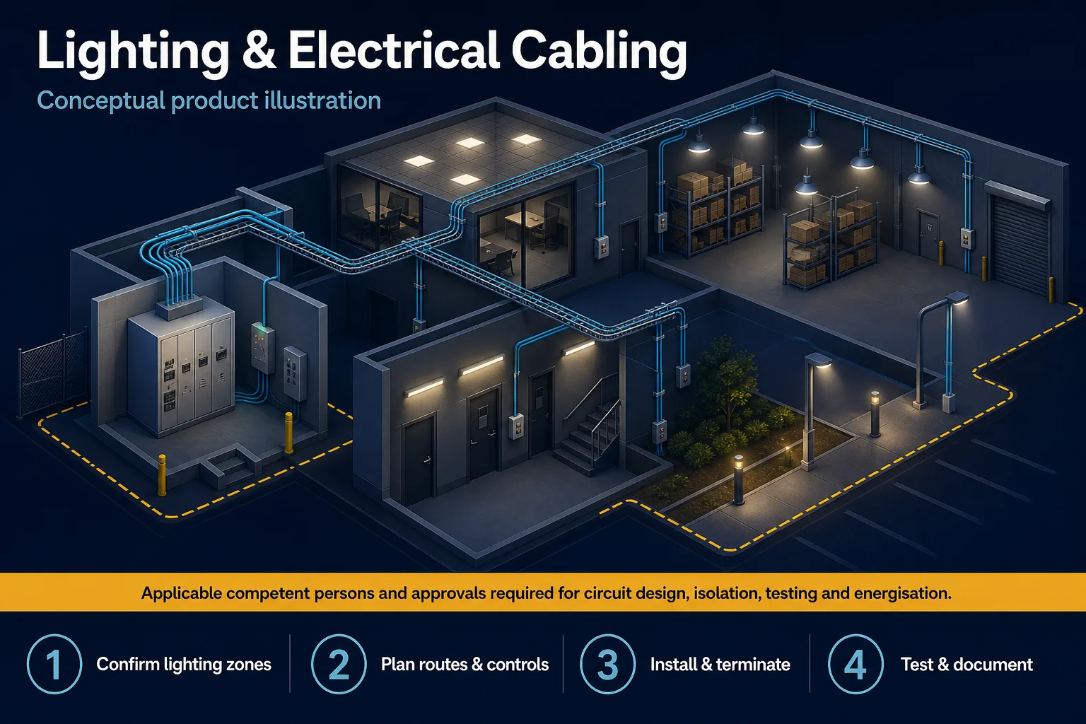 Conceptual Lighting and Electrical Cabling canvas showing distribution, tray and conduit routes, local controls and representative unlabeled lighting areas.