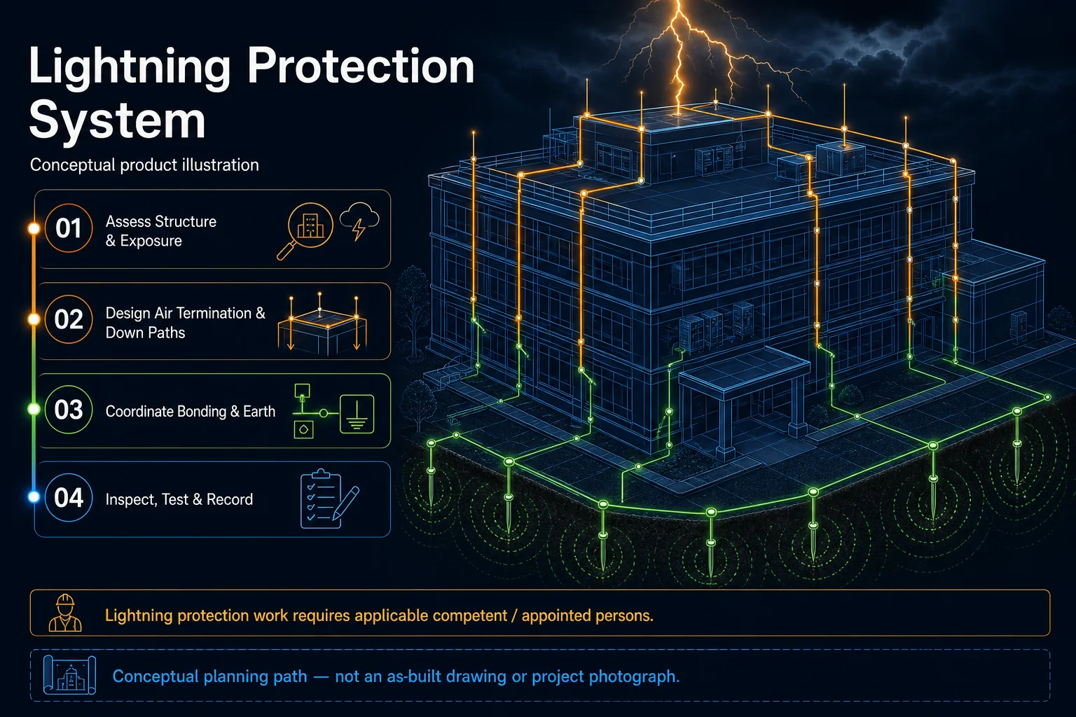 Conceptual Lightning Protection System canvas showing a generic structure, air termination, down-conductor routes, bonding, earth network, inspection and testing responsibility without dimensions or approval claims.