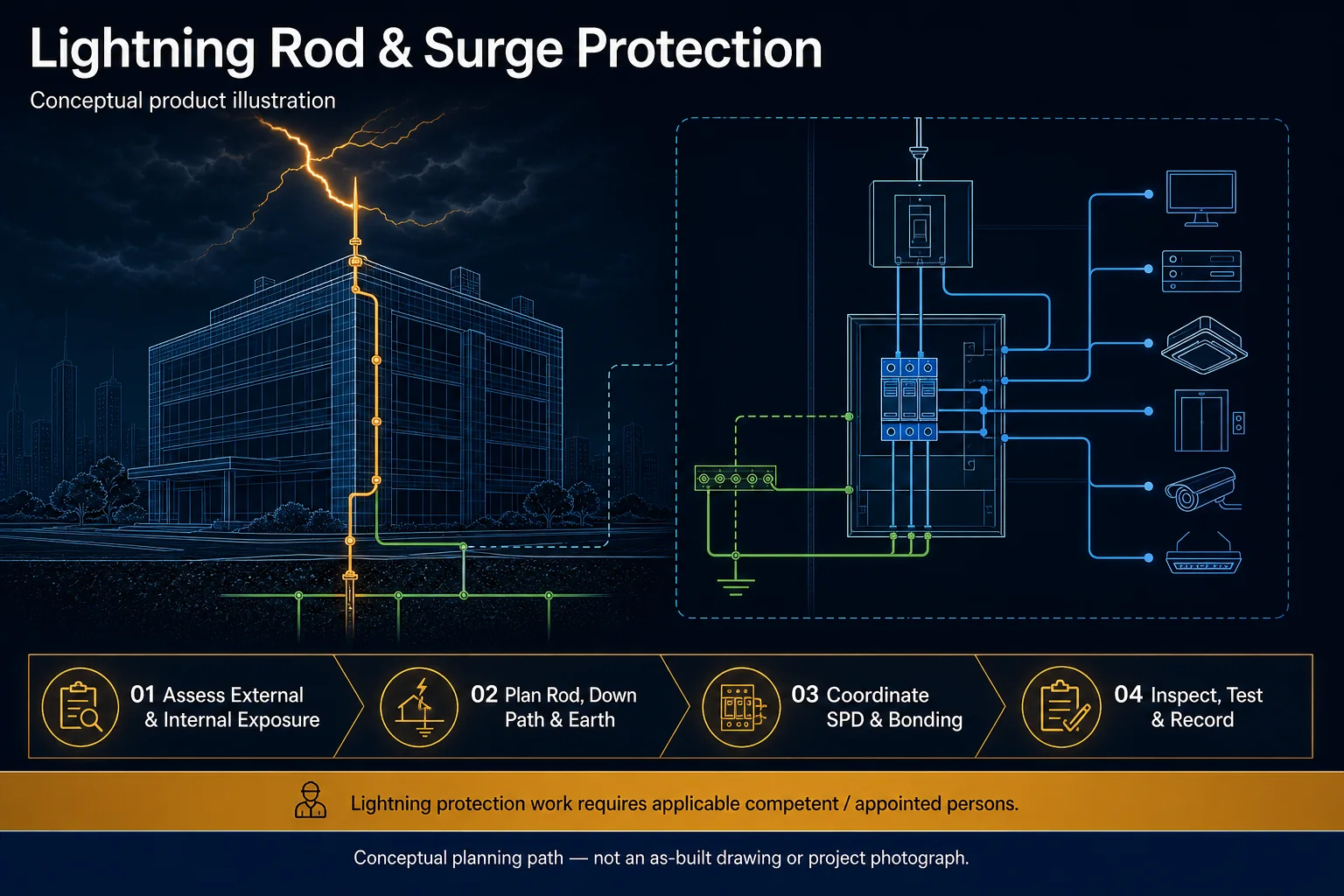Conceptual Lightning Rod and Surge Protection canvas separating external air-termination, down-conductor and earth paths from internal distribution-board surge protection, bonding, inspection and competent-person responsibility.