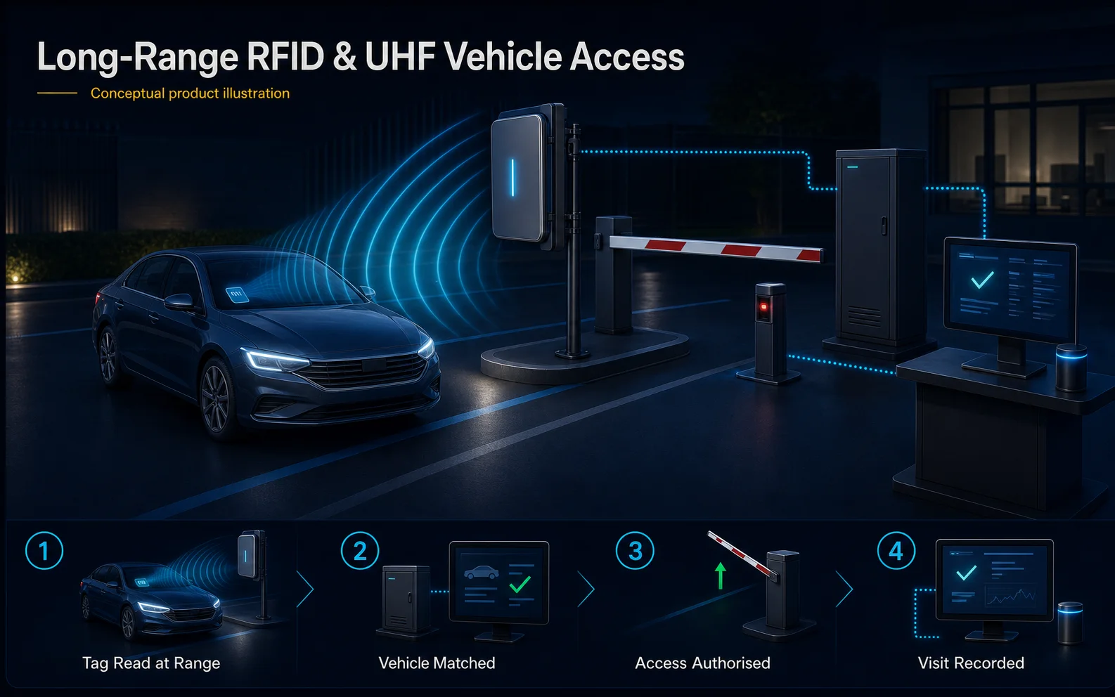 Conceptual Long-Range RFID and UHF Vehicle Access canvas showing a windshield tag, directional reader, vehicle matching, barrier control and visit record.