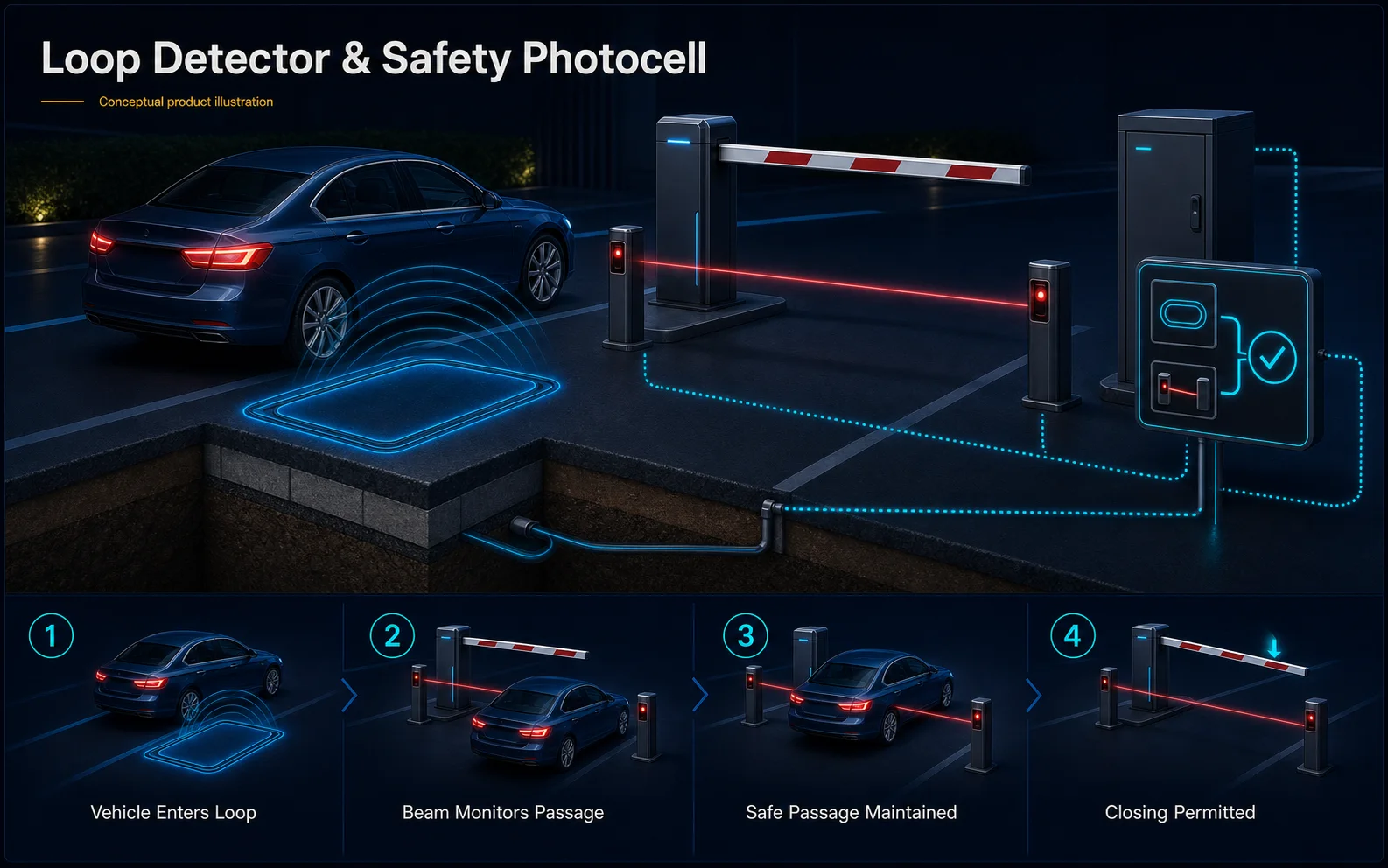 Conceptual Loop Detector and Safety Photocell canvas showing an inductive road loop, paired beam, vehicle passage and controlled closing decision.