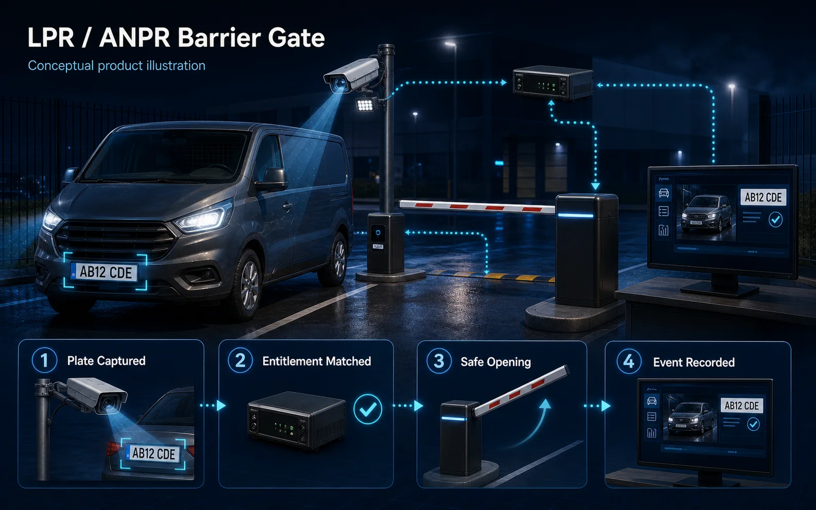 Conceptual LPR and ANPR Barrier Gate canvas showing plate capture, entitlement matching, safe barrier opening and event recording.