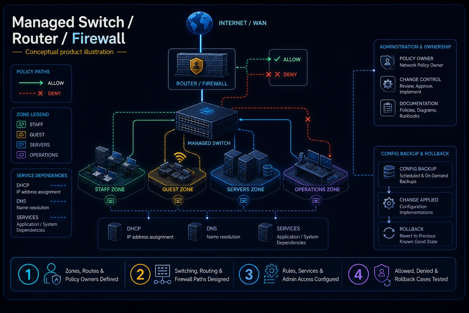 Conceptual Managed Switch, Router and Firewall canvas showing policy owners, network zones, allowed and denied paths, service dependencies, configuration backup and rollback testing.