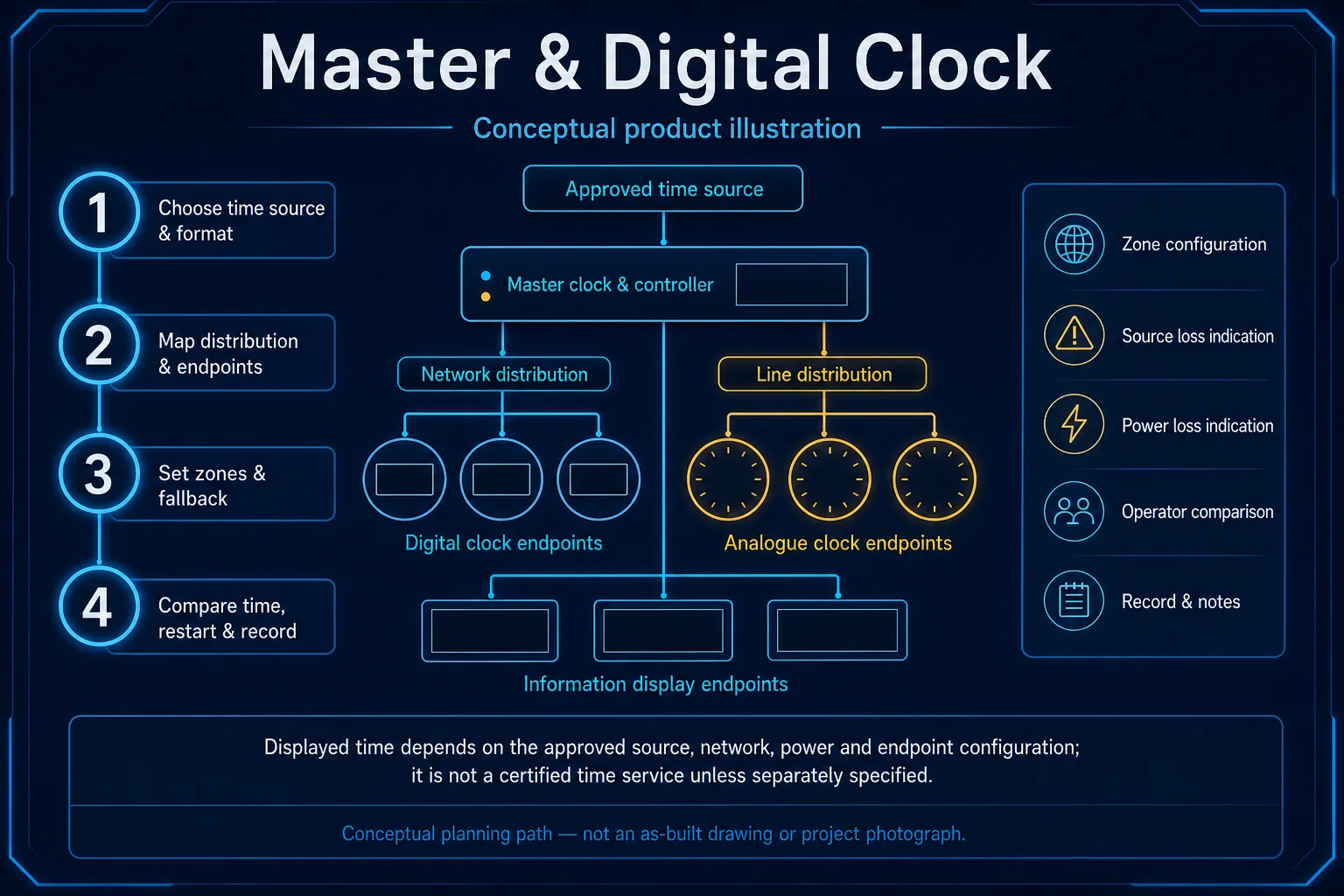 Conceptual Master and Digital Clock canvas showing an approved time source, master clock controller, network or line distribution, multiple blank clock endpoints, source-loss indication and restart comparison.