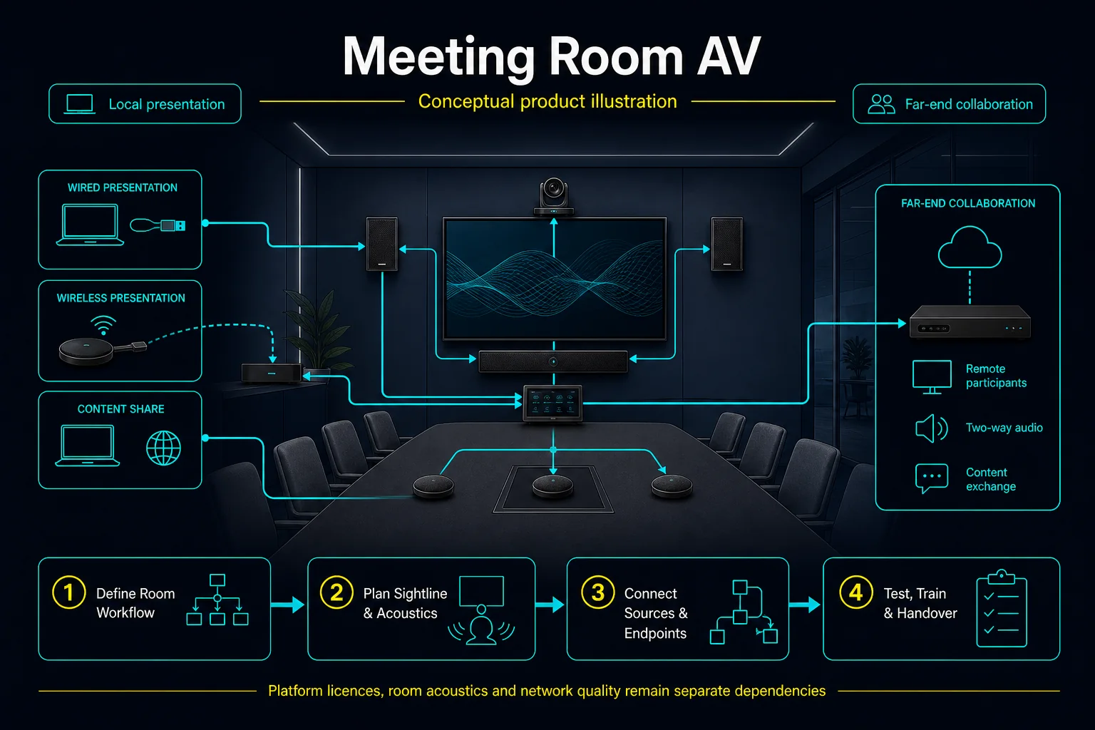 Conceptual Meeting Room AV canvas showing a local presentation path, far-end collaboration path, room camera, microphones, speakers, display and generic AV control processor.