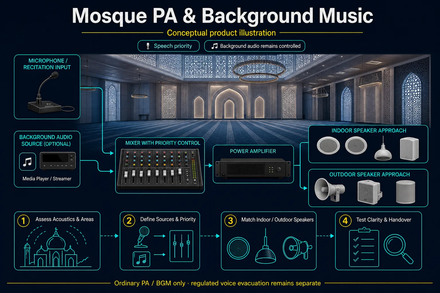 Conceptual Mosque PA and Background Music canvas showing a respectful anonymous architectural setting, speech-priority and optional background-audio inputs, priority mixing, amplification and representative indoor and outdoor speaker approaches.