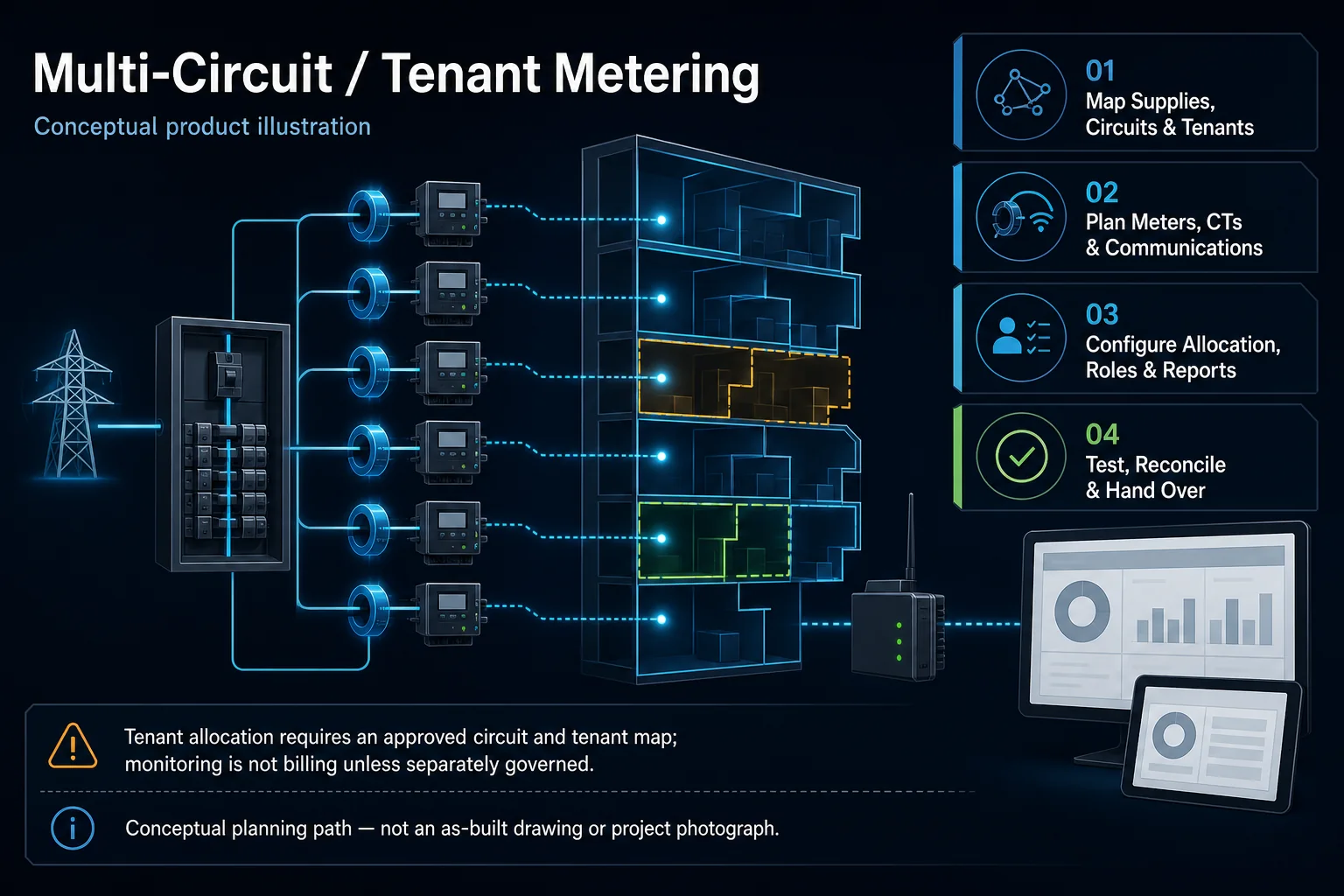Conceptual Multi-Circuit and Tenant Metering canvas showing a generic supply, distribution, meters, current transformers, abstract tenant zones, communications, blank reports, reconciliation and billing-governance boundary.