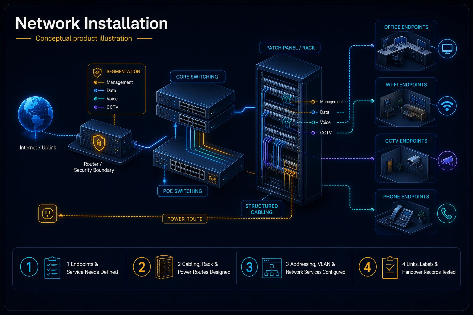 Conceptual Network Installation canvas showing endpoint needs, cabling and rack paths, switching, routing and network services, plus tested links, labels and handover records.