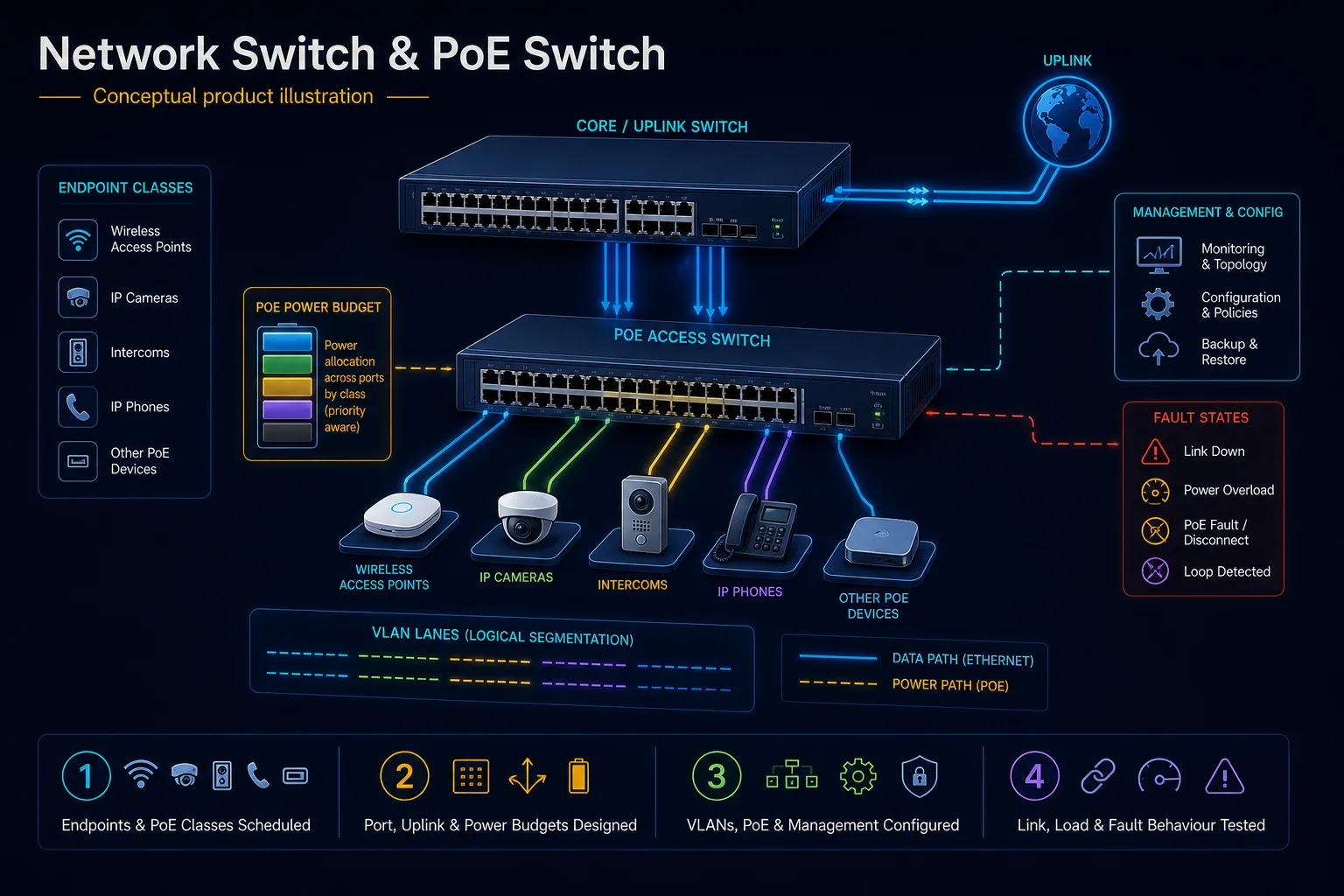 Conceptual Network Switch and PoE Switch canvas showing endpoint classes, uplink and power-budget planning, VLAN and management configuration, and link, load and fault checks.