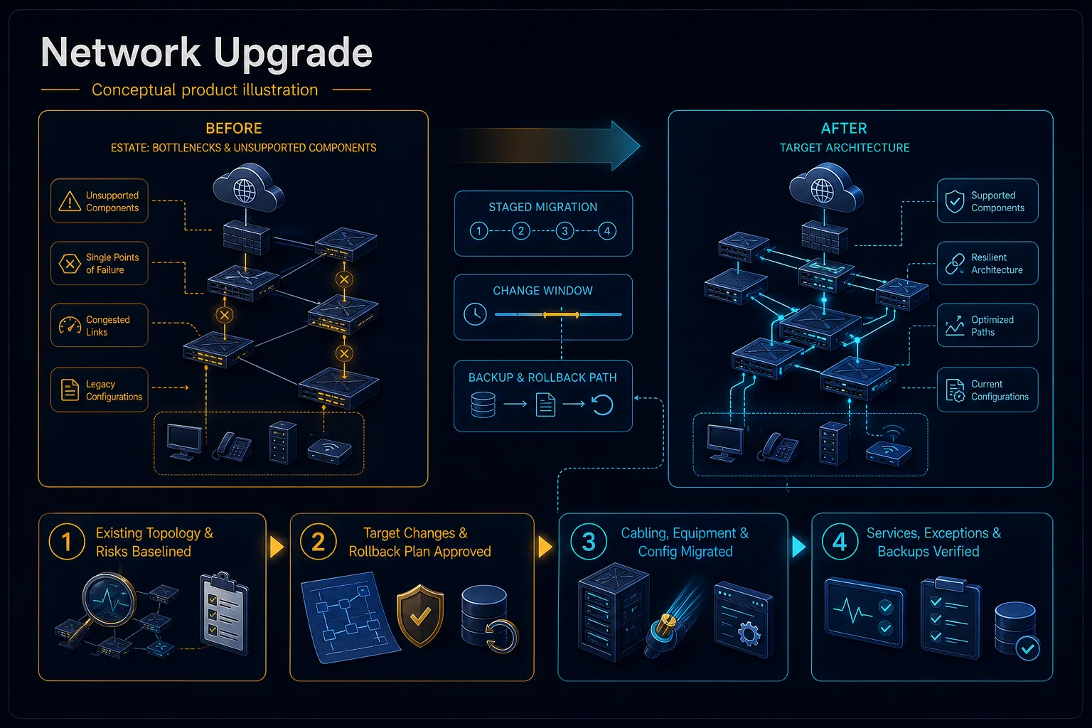 Conceptual Network Upgrade canvas comparing an existing-risk baseline with a target topology, staged migration, approved change window, backup, rollback and verified services.