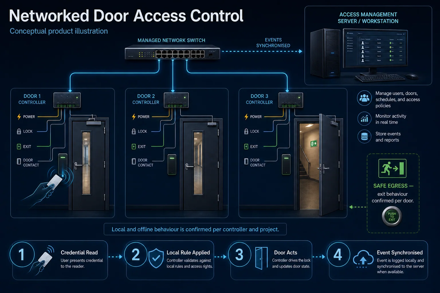 Conceptual Networked Door Access Control canvas showing access server, network switch, controllers, readers and independently safe door operation.