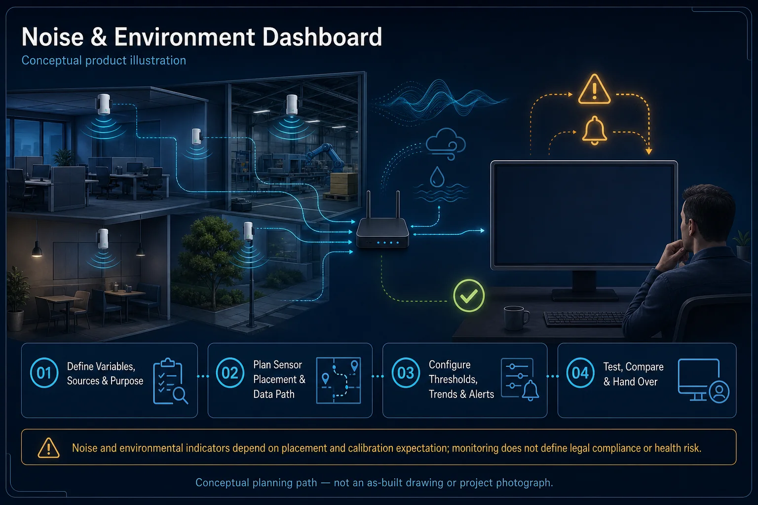 Conceptual Noise and Environment Dashboard canvas showing generic monitored spaces, noise and environmental sensors, abstract signals, gateway, blank dashboard, alerts and operator review without compliance or health claims.