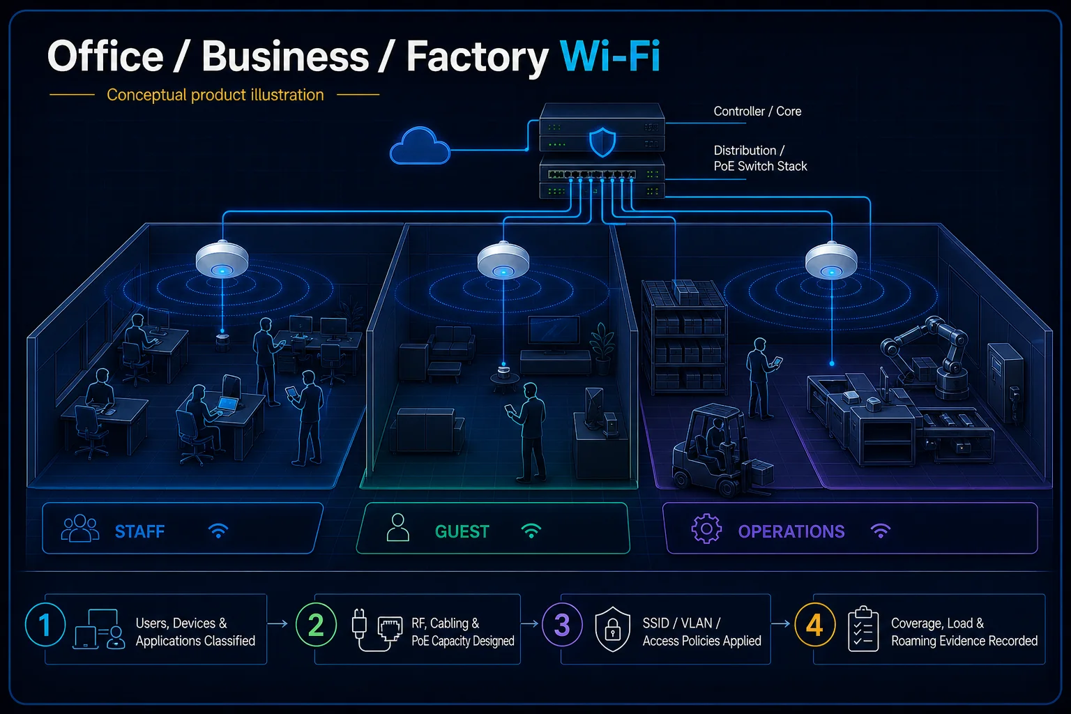 Conceptual Office, Business and Factory Wi-Fi canvas showing staff, guest and operations zones, controller and PoE infrastructure, access policies and recorded coverage, load and roaming evidence.