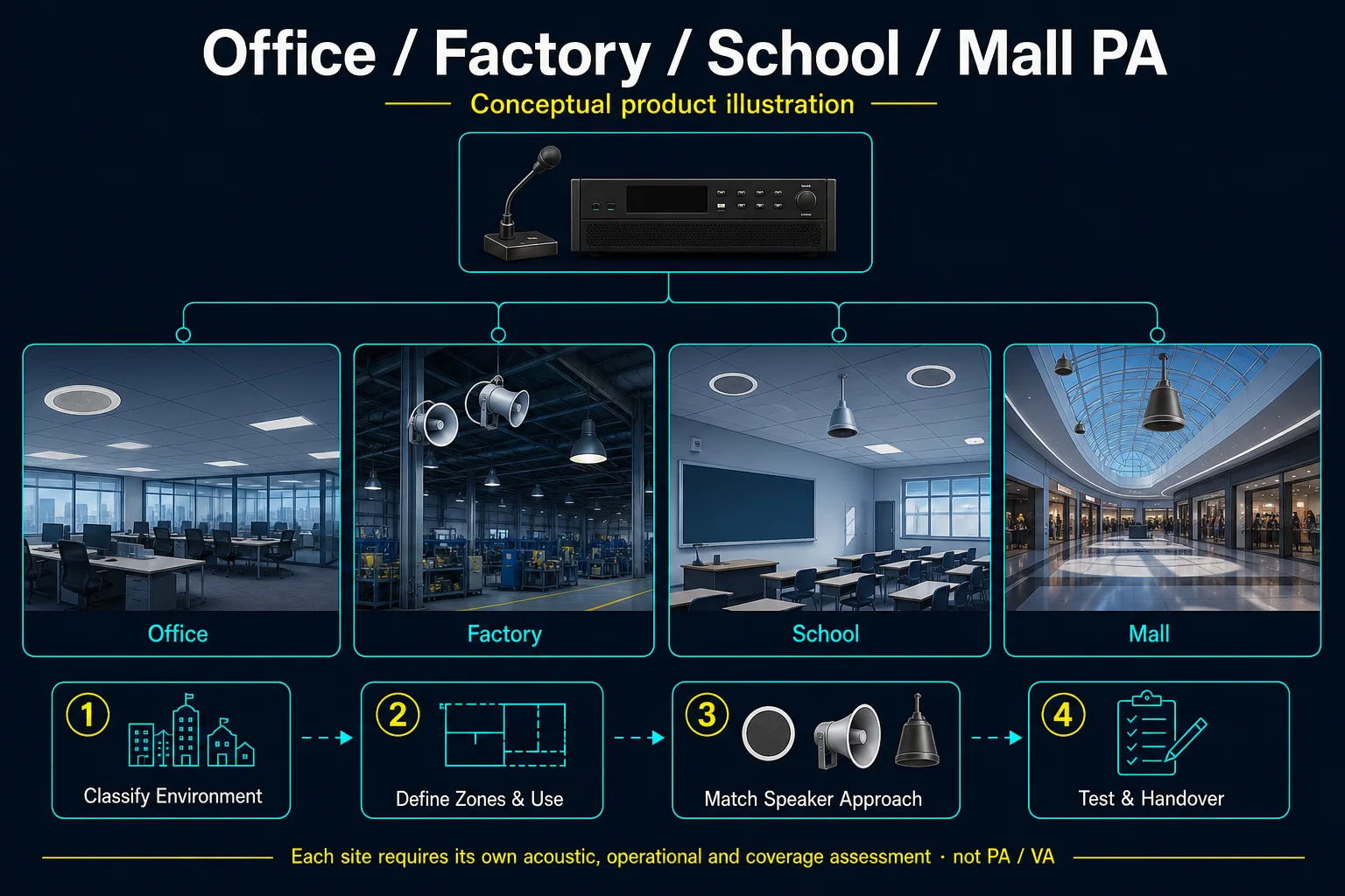 Conceptual Office, Factory, School and Mall PA canvas comparing four anonymous planning environments, generic source control and representative speaker approaches without presenting project evidence.