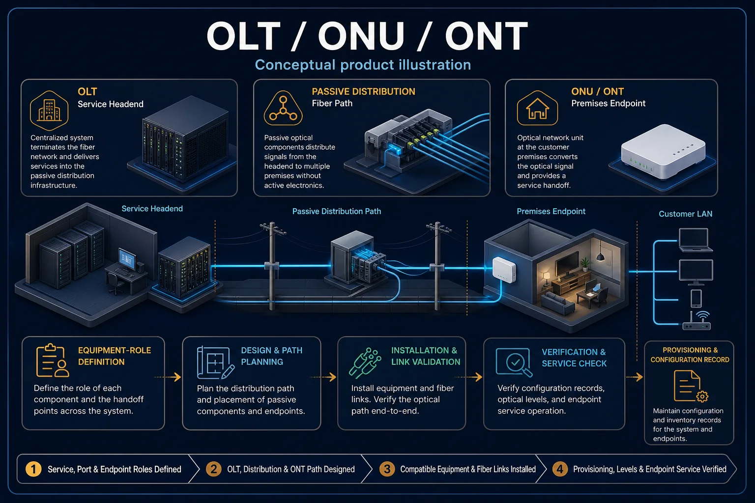 Conceptual OLT, ONU and ONT canvas showing neutral equipment roles from service headend through passive distribution to the premises endpoint, customer LAN, provisioning and verification.