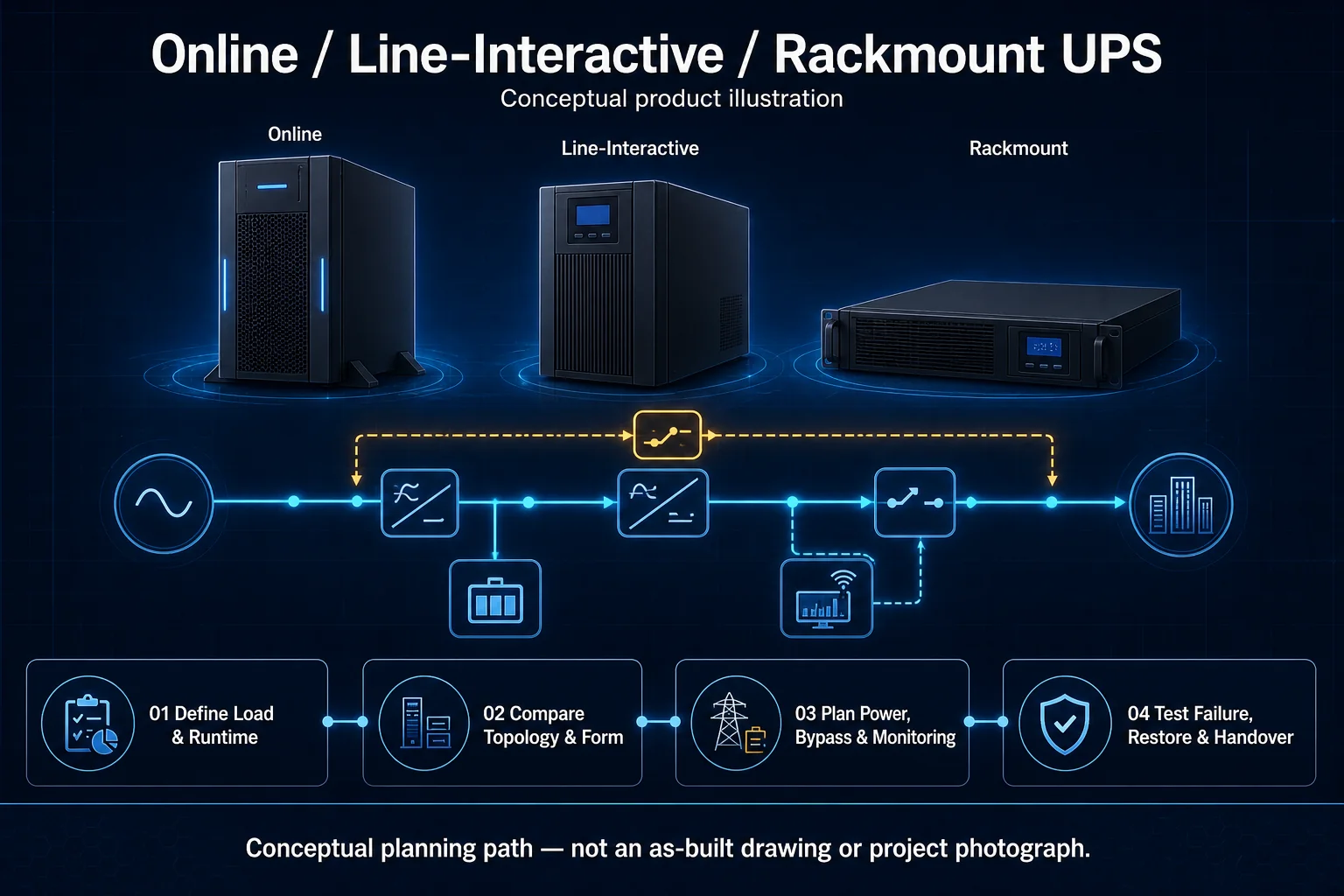 Conceptual Online, Line-Interactive and Rackmount UPS canvas comparing generic equipment forms and showing abstract supply, battery, bypass, monitoring and approved-load paths without ratings or capacity claims.