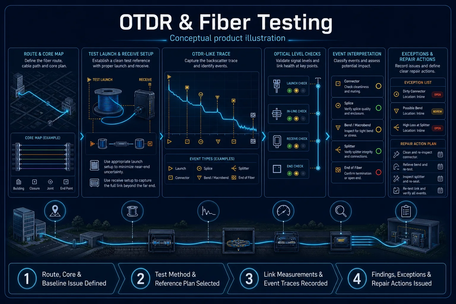 Conceptual OTDR and Fiber Testing canvas showing a route and core map, launch and receive setup, non-numeric event trace, optical-level checks, exceptions and repair actions.