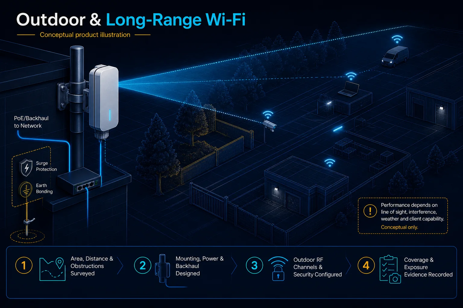 Conceptual Outdoor and Long-Range Wi-Fi canvas showing obstructions, mounting, power, backhaul, surge and earthing interfaces, outdoor radio paths and coverage evidence without a range guarantee.