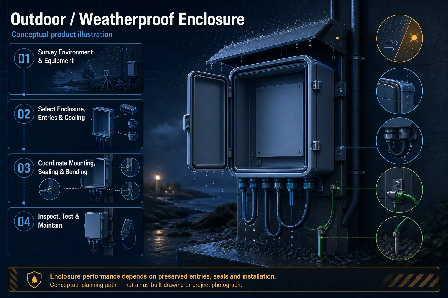 Conceptual Outdoor and Weatherproof Enclosure canvas showing a generic wall-mounted enclosure, blank equipment, cable glands, drip loops, canopy, drainage, bonding, service clearance, inspection and environmental boundary.