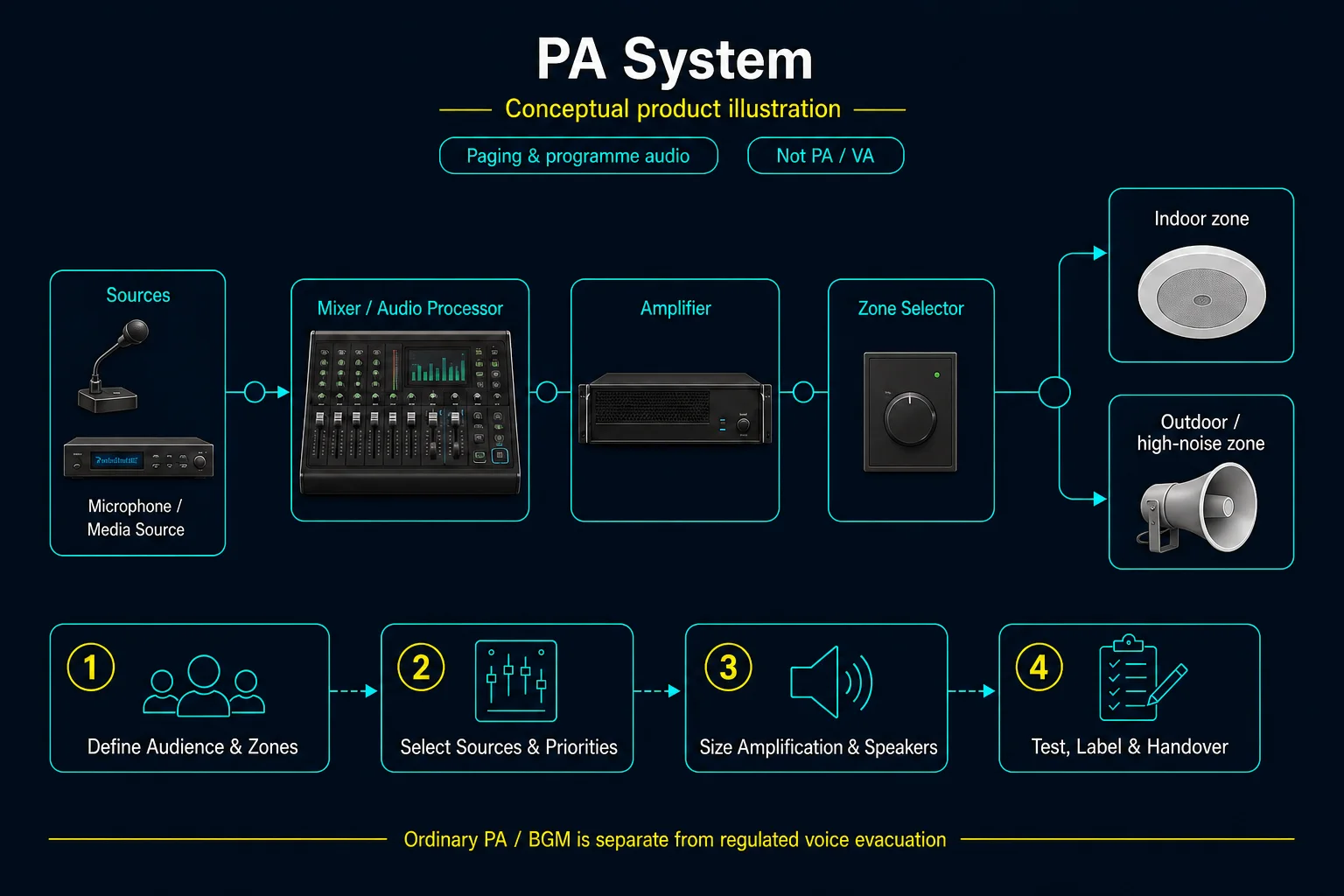 Conceptual PA System canvas showing a representative microphone or media source, mixer, amplifier and zone selector feeding indoor ceiling and outdoor or high-noise horn-speaker approaches.
