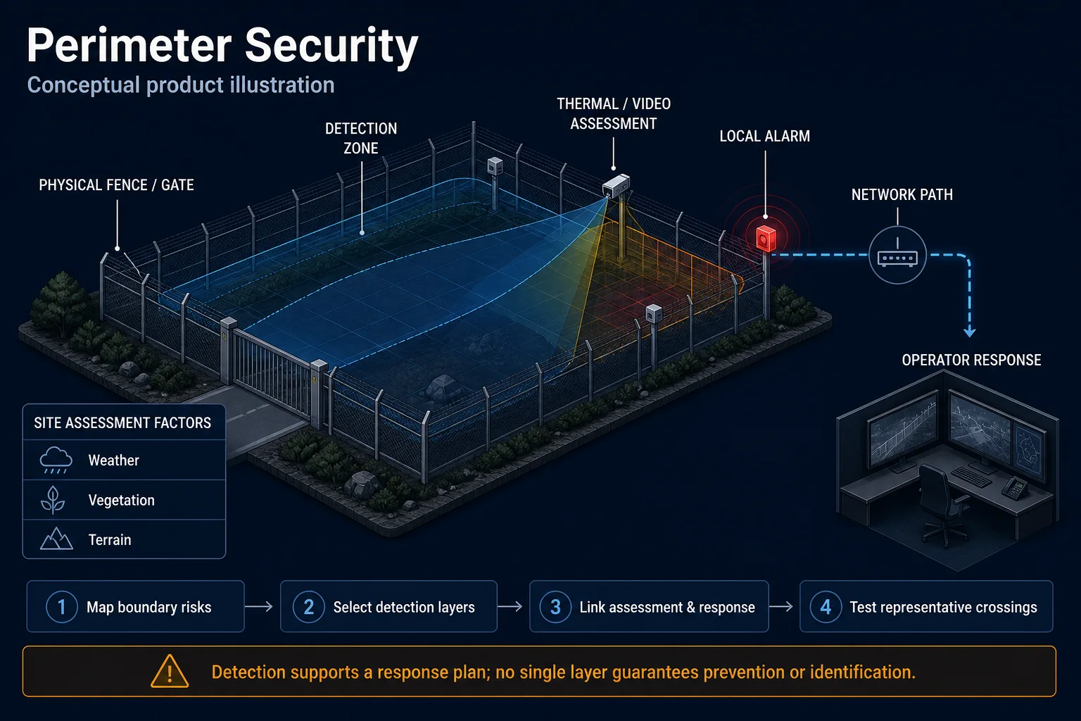 Conceptual Perimeter Security canvas showing physical fence and gate, detection and assessment zones, local alarm, network path, operator response and environmental survey factors.