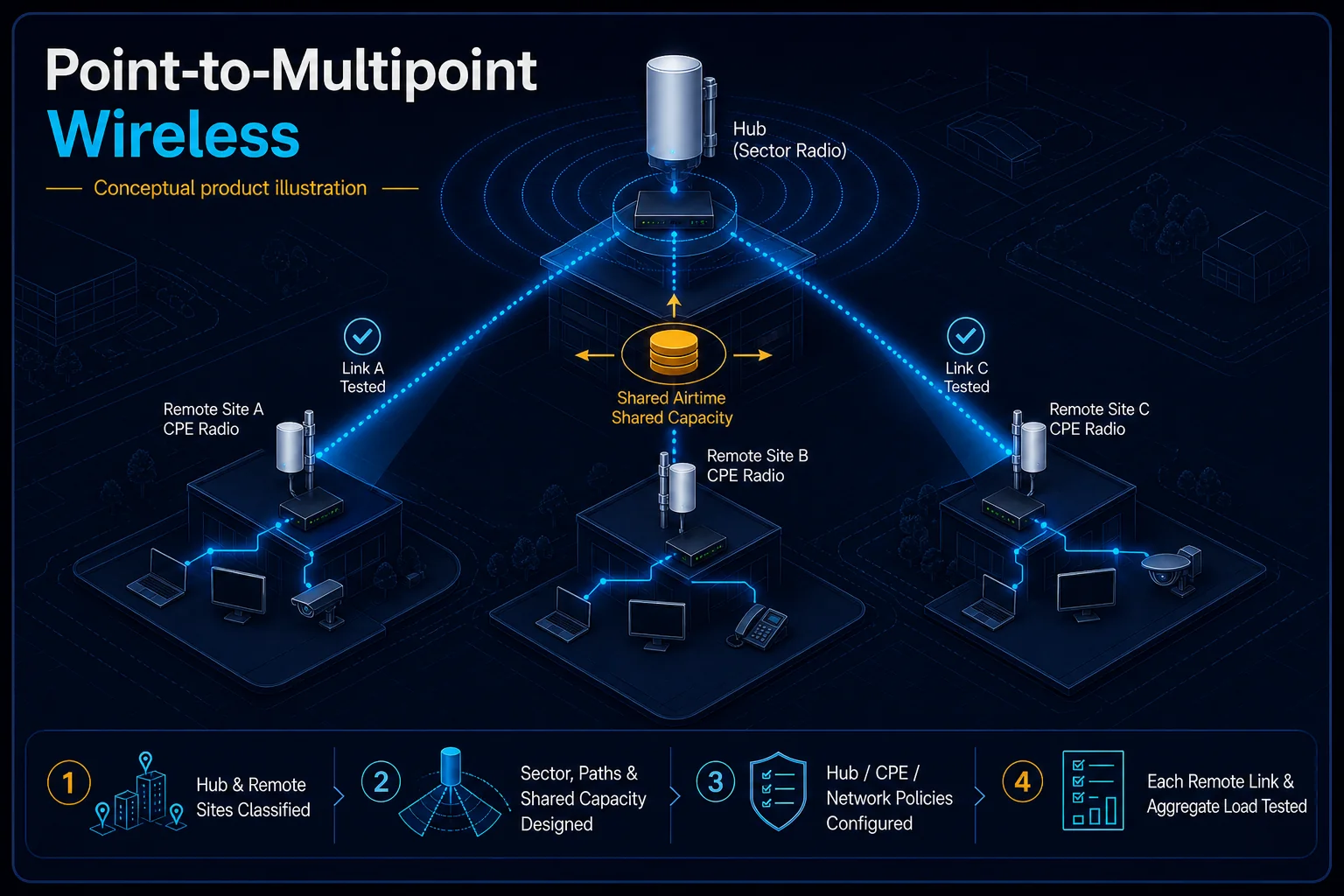 Conceptual Point-to-Multipoint Wireless canvas showing one hub and three remote sites, shared airtime and capacity, hub and CPE policies, individual remote-link checks and aggregate-load testing.