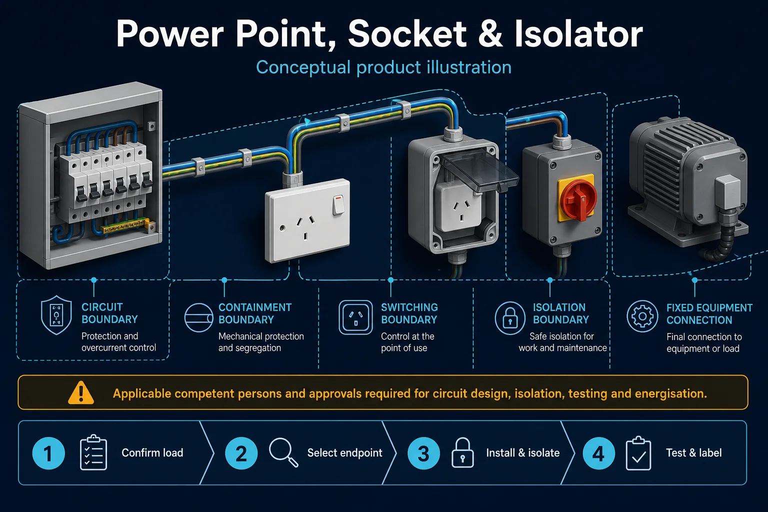 Conceptual Power Point, Socket and Isolator canvas showing distribution protection, containment, generic wall and weather-protected outlets, local isolation and fixed equipment connection.