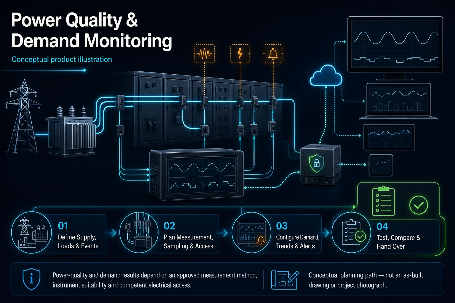 Conceptual Power Quality and Demand Monitoring canvas showing generic supply, distribution, loads, sensors, secure data path, abstract waveforms, trends, alerts, comparison and competent electrical access boundary.